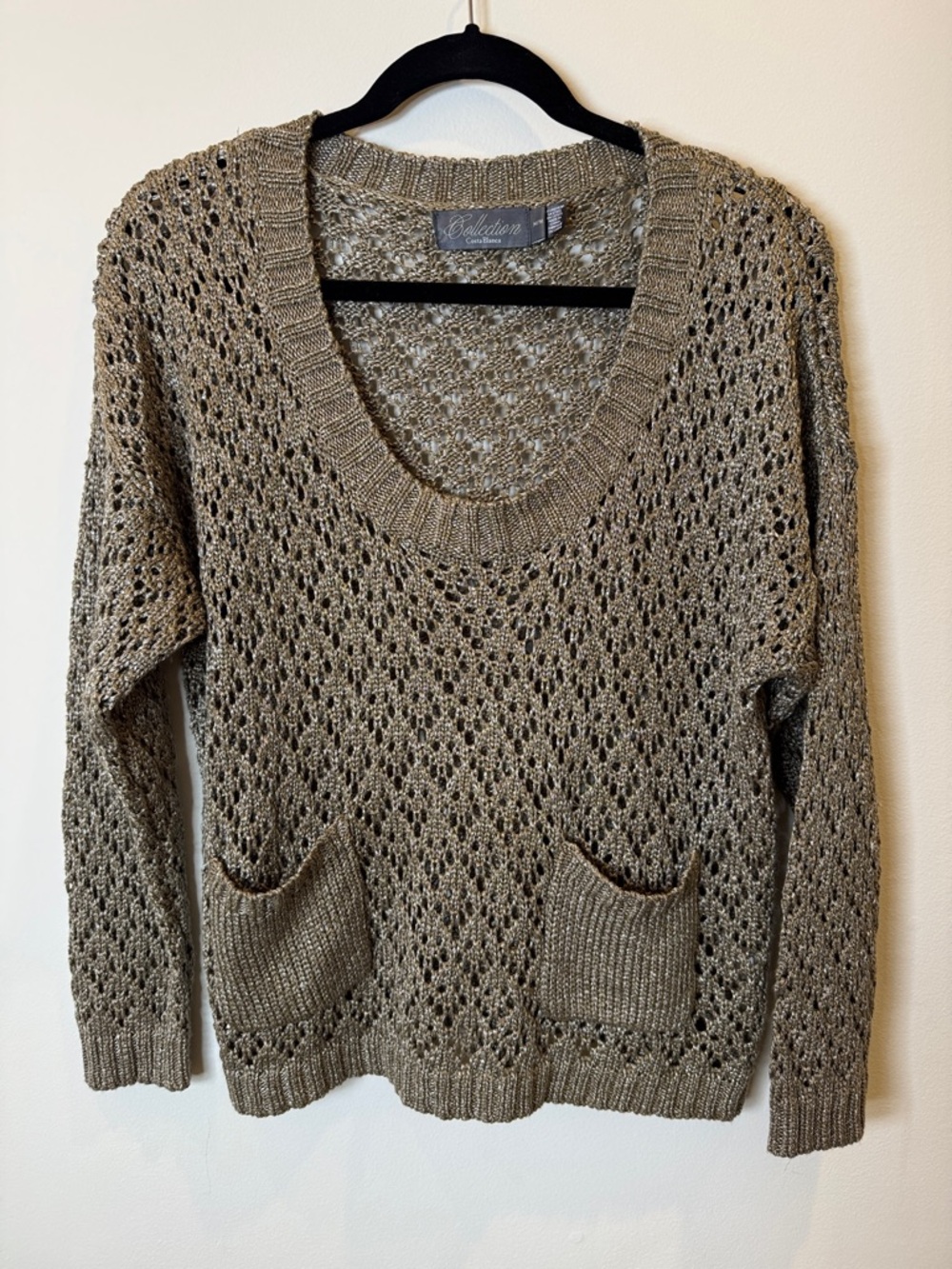 Costa Blanca Open-Knit Scoop Neck Pocket Sweater in Taupe